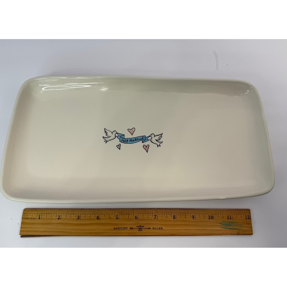 Rae Dunn Just Married Ceramic Platter Doves Hearts Wedding Serving Tray 12 Inch